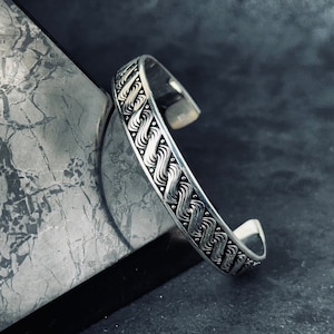 Wave Knit Sterling Silver Bangle: Adjustable Unisex Hand Cuff