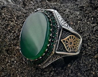 Bague en agate, bague en argent, pierre précieuse d'agate, bague pour homme en argent agate verte, bague ottomane faite main, meilleur cadeau pour papa, bague en argent brillant