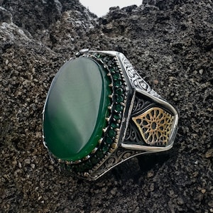 Agate Ring,Silver Ring Agate Gemstone,Green Agate Silver Men Ring,Handmade Ottoman Ring,Best Gift For Daddy,Shiny Silver Ring