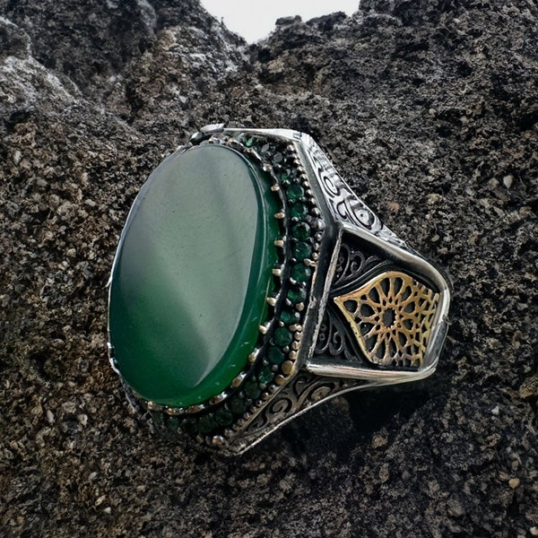 Agate Ring,Silver Ring Agate Gemstone,Green Agate Silver Men Ring,Handmade Ottoman Ring,Best Gift For Daddy,Shiny Silver Ring