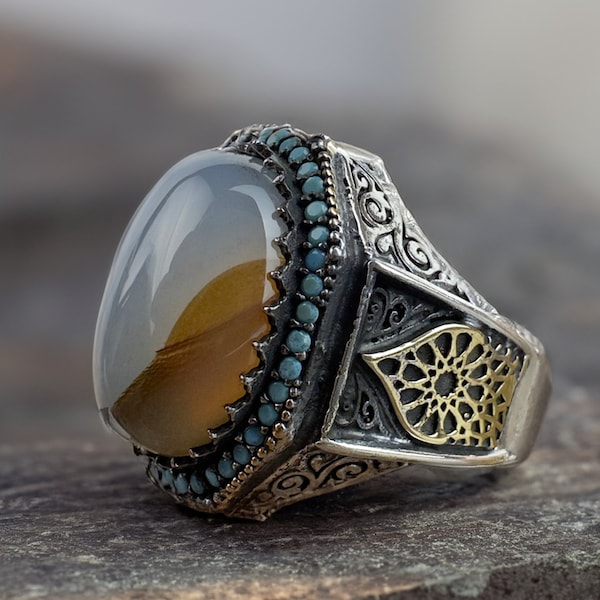 Yemenni Aqeeq Ring,Silver Yemenni Aqeeq Ring,925 Sterling Silver Handmade Natural Aqeeq Gemstone Ring,Best Gift For Men