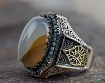 Yemeni Aqeeq Ring in 925 Sterling Silver, Handmade Men's Gemstone Jewelry
