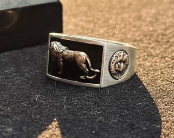 Minimale zilveren ring heren leeuw zegelring rechthoekige ring eenvoudige mannelijke ring handgemaakte sieraden cadeau voor hem