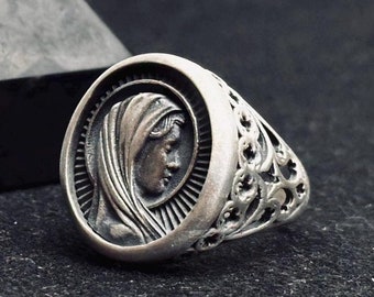 Anillo de plata de ley de la Virgen María - Joyería religiosa milagrosa