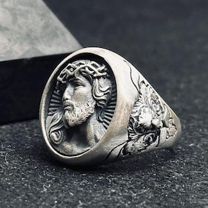 Handmade Sterling Silver Jesus Crucifix Signet Ring: Religious Gift