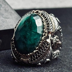 Anel de prata com pedra esmeralda enorme, anel masculino grande épico, anel de prata esterlina 925