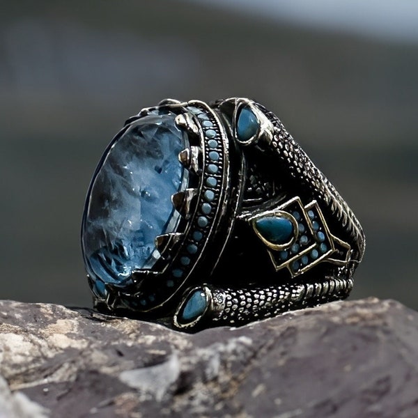 Silver Sterling Aquamarine Gemstone Ring,Handmade Turkish Aquamarine Gemstone Ring,Silver Mens Ring,Silver Sterling Ring,Best Gift For Men