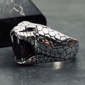 Silver Snake Ring,Mens Ring,Red Cubic Zirconia Jewelry Rings,Engraved Snake Ring,925k Silver Jewelry