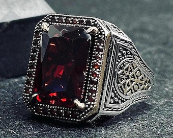 Ruby Signet Ring for Men: Handmade Sterling Silver, Bold Red Gem