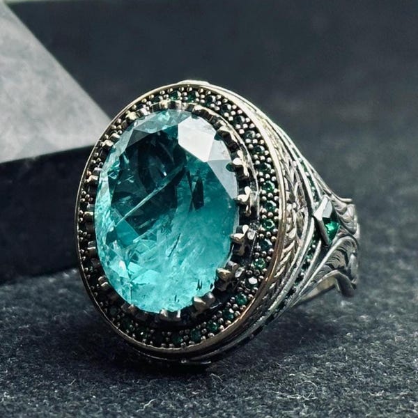 Ovaler Aquamarinring für Männer - Sterling Silber Löwenkopf Signet