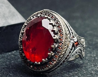 Men's 925 Sterling Silver Oval Red Ruby Statement Ring