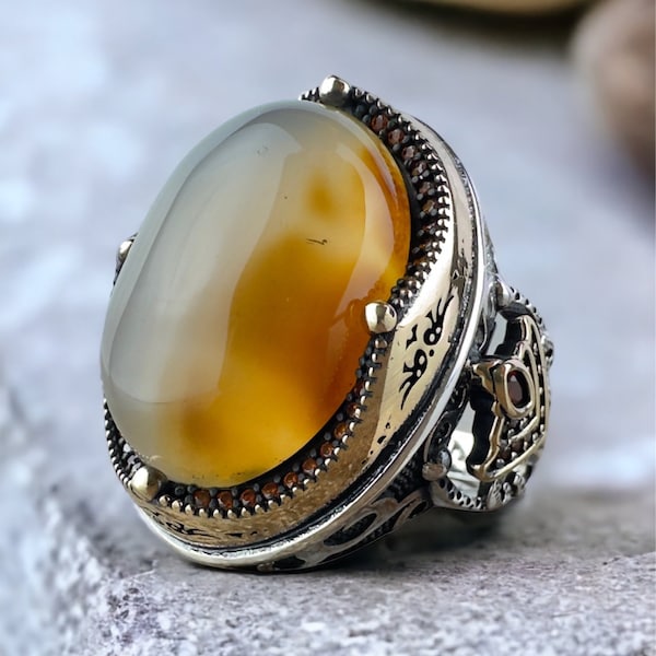 Yemenni Aqeeq Natural Gemstone Ring,Handmade Major Men Ring,Luxury Ring,Handmade Sterling Silver Ring