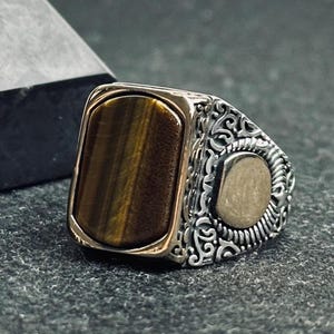 Handmade Sterling Silver Men&#39;s Ring: Square Tiger Eye Gemstone, Artisan Jewelry