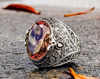 Handmade Sterling Silver Sultanite Gemstone Ring: Embriodered Abstract Design