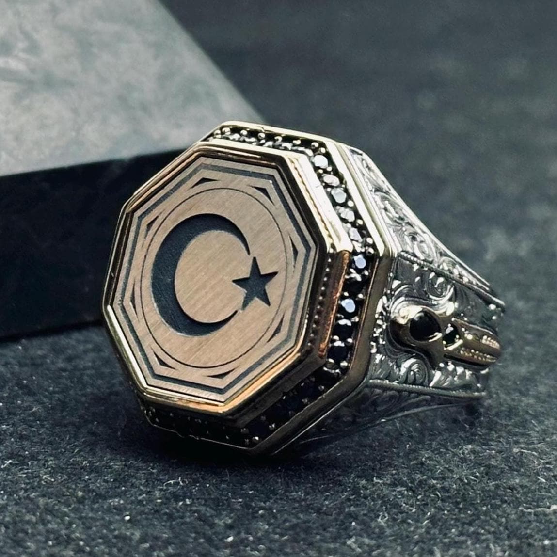 Turkish Silver Crescent-star Ring, Ottoman Embossed (handmade 925