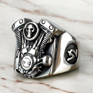 Handmade Sterling Silver Engine Skull Motorcycle Ring