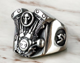 Engine Skull Motorcycle Ring: Handmade Sterling Silver