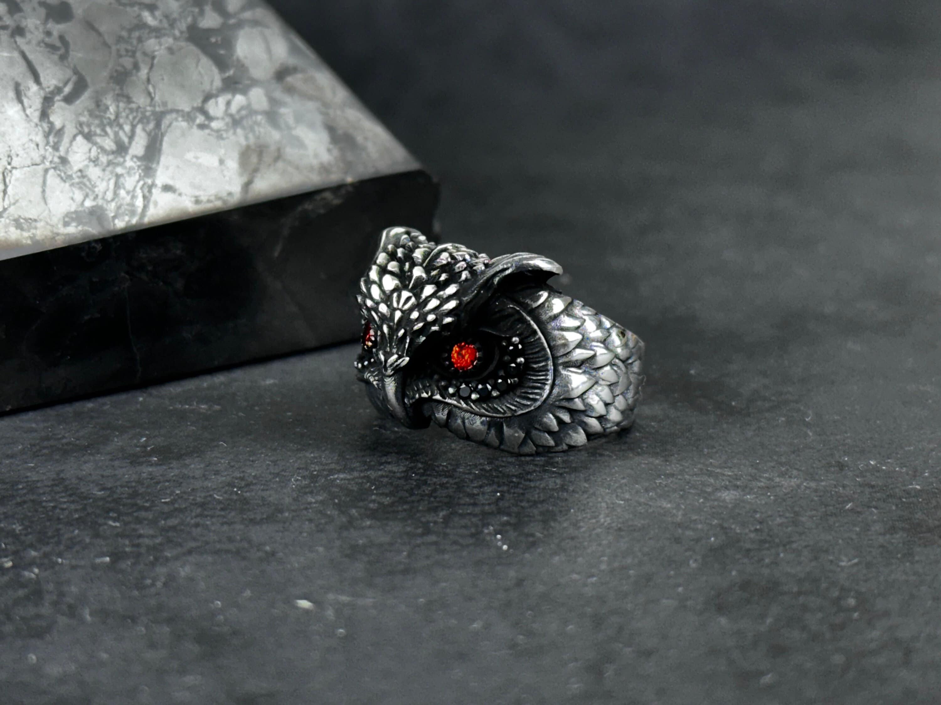 Mystical Silver Owl Ring with Sparkling Zircon Eye Detail, Unique Valentine's Jewelry Gift