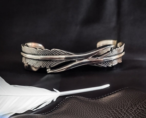 Silver Feather Bracelet,925 Sterling Silver Feather Shaped Cuff