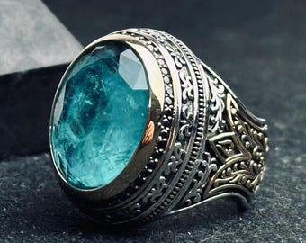 Aquamarine Mens Ring: Handmade Sterling Silver March Birthstone