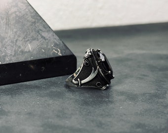 Hazrat Ali Sword Ring, Black Zircon, Sterling Silver (men's Size