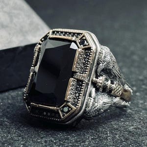 Sterling Silver Men&#39;s Ring: Black Zircon, Twin Eagle Engraving