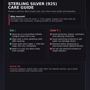 May include: A dark informational graphic titled Alfa Silver Jewelry Sterling Silver (925) Care Guide. It explains why tarnish occurs and lists specific do's and don'ts for maintenance, including storage, cleaning, and chemical avoidance tips.