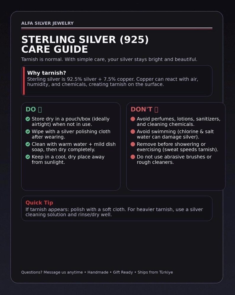 May include: A dark informational graphic titled Alfa Silver Jewelry Sterling Silver (925) Care Guide. It explains why tarnish occurs and lists specific do's and don'ts for maintenance, including storage, cleaning, and chemical avoidance tips.