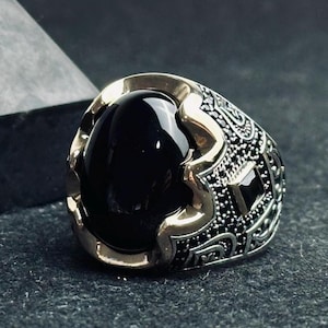 Schwarzer Onyx Herrenring, 925 Sterling Silber Handgemachter Ring, oxidierter Silber Schmuck, Edelstein Ring für Männer, einzigartiges Herren Accessoire