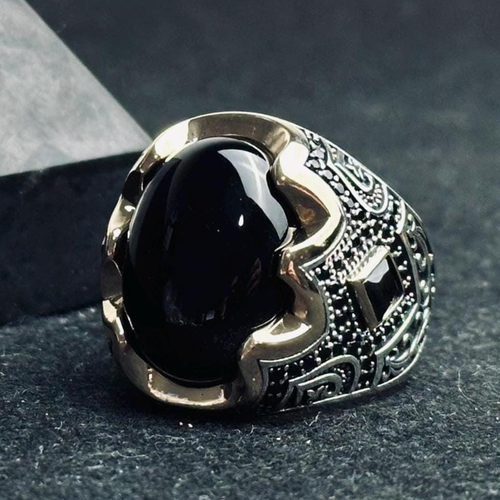 アクセサリー e.m. noir Oxidized Silver Ring 19 Men's Oxidized Sterling Silver Ring, Black Onyx Gemstone (handmade