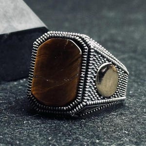 Vierkante ring met tijgeroog voor heren, 925 sterlingzilveren handgemaakte ring, gewaagde tijgeroog-edelsteen, vintage stijlstatement, perfect cadeau voor hem