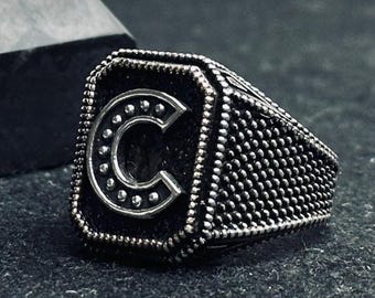 Initiaalring: Sterling zilver - Gepersonaliseerde gravure, unisex