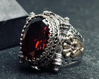 Men's Ruby Ring, Handmade 925 Sterling Silver Oval Statement Ring