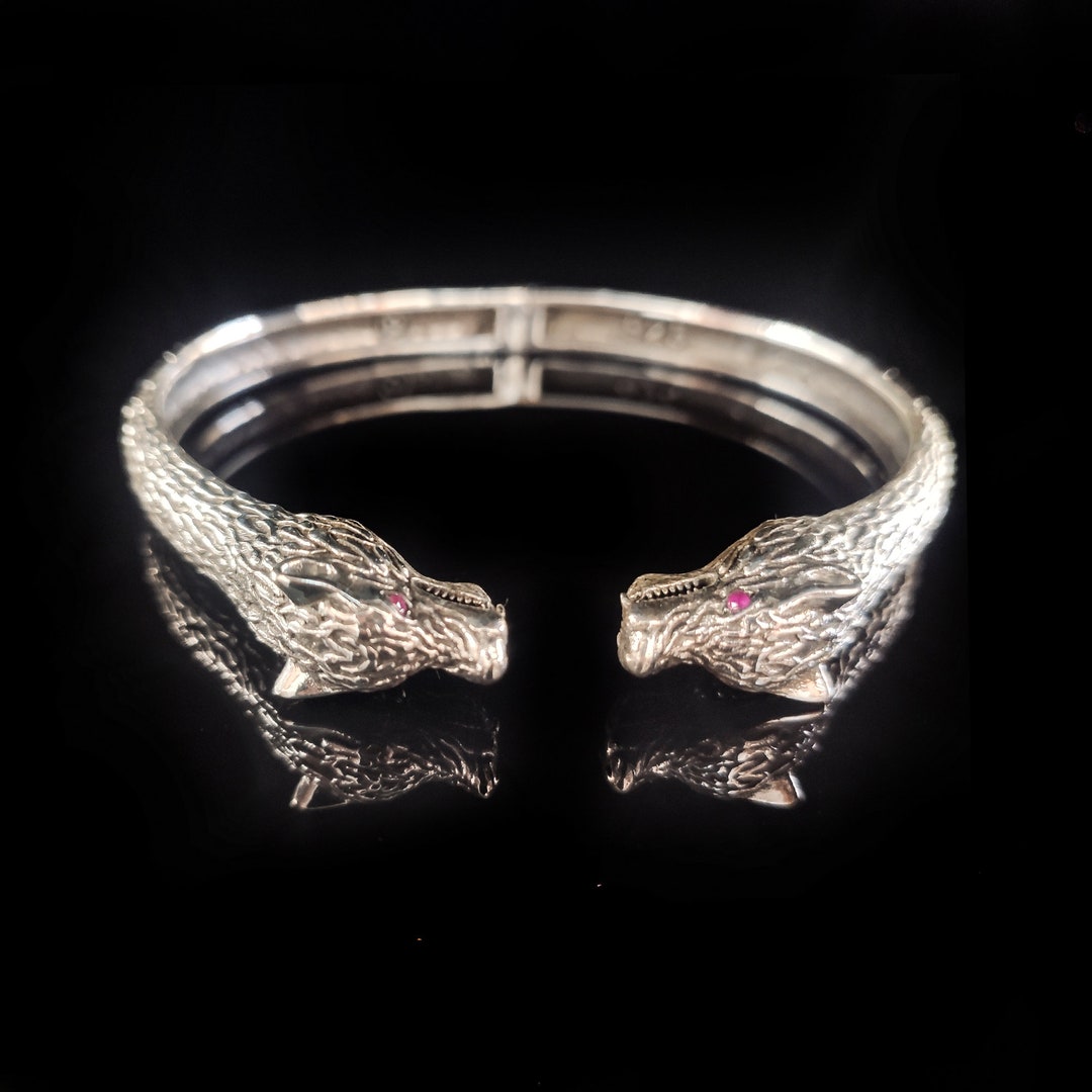 Silver Wolf Head Bracelet,925 Sterling Silver Wolf Head Shaped Cuff,925