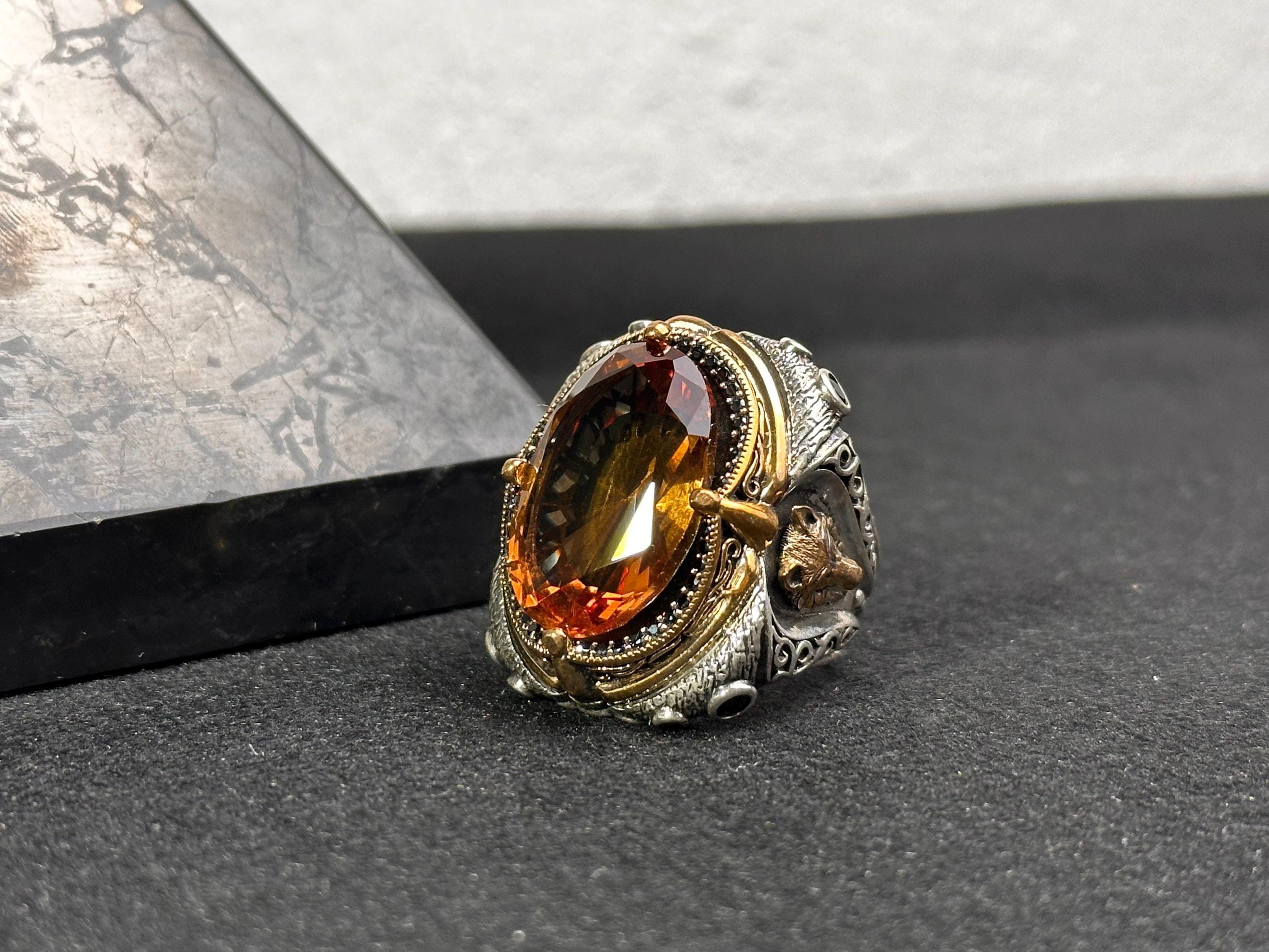 Large Sultanit Ring,Diaspore Gemstone Ring,925k Sterling Silver Huge Ring,Handmade Wolf Detailed Ring
