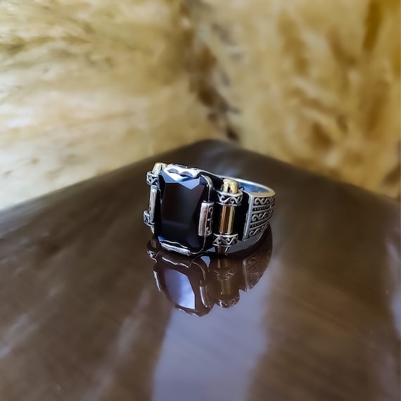 Rectangular Black Zircon Ring in 925 Sterling Silver with Ornate Scrollwork