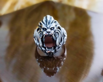 Solid 925 Sterling Silver Lion Ring For Men – Black Micro Zircon Stone, Bold Wildlife Jewelry - View #8