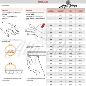 May include: An informational ring size chart by Alfa Silver Jewelry featuring two measurement methods. Method 1 shows measuring inner diameter with a ruler. Method 2 shows measuring finger circumference with thread. Includes a conversion table.
