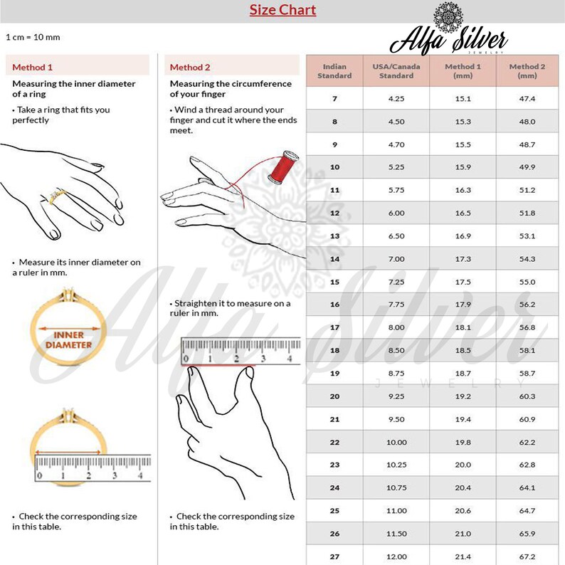 May include: An informational ring size chart by Alfa Silver Jewelry featuring two measurement methods. Method 1 shows measuring inner diameter with a ruler. Method 2 shows measuring finger circumference with thread. Includes a conversion table.