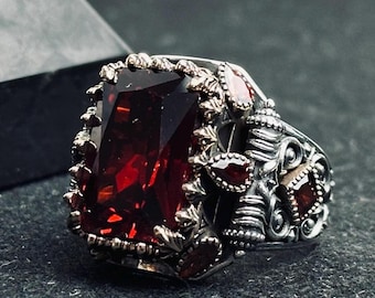 Men's Ruby Signet Ring: Turkish Handmade Sterling Silver