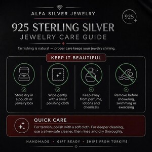 May include: A black informational card titled 925 Sterling Silver Jewelry Care Guide by Alfa Silver Jewelry. It features icons for proper storage, cleaning with a cloth, and avoiding chemicals, perfume, showers, and swimming to prevent tarnishing.