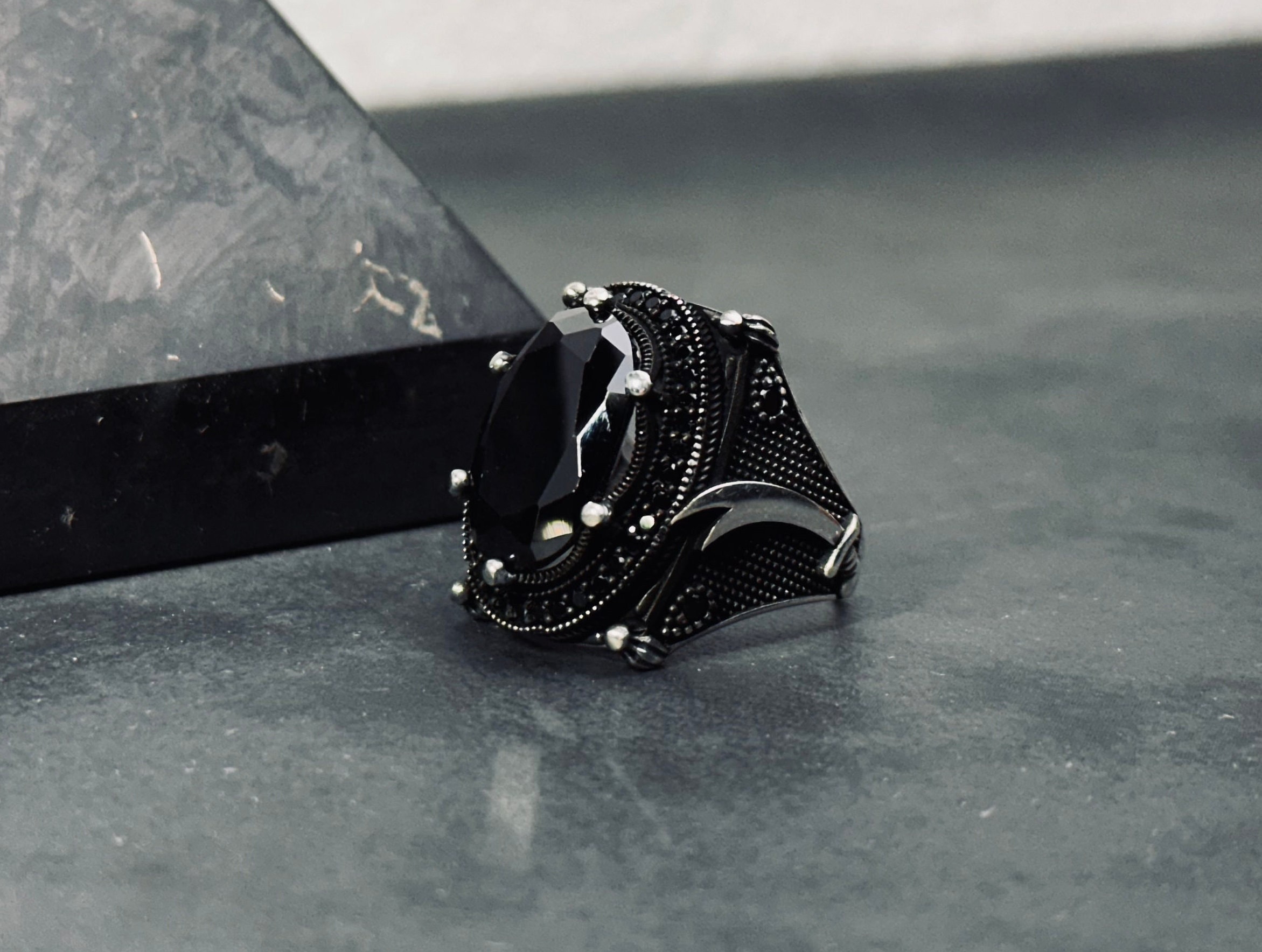 Hazrat Ali Sword Ring, Black Zircon, Sterling Silver (men's Size