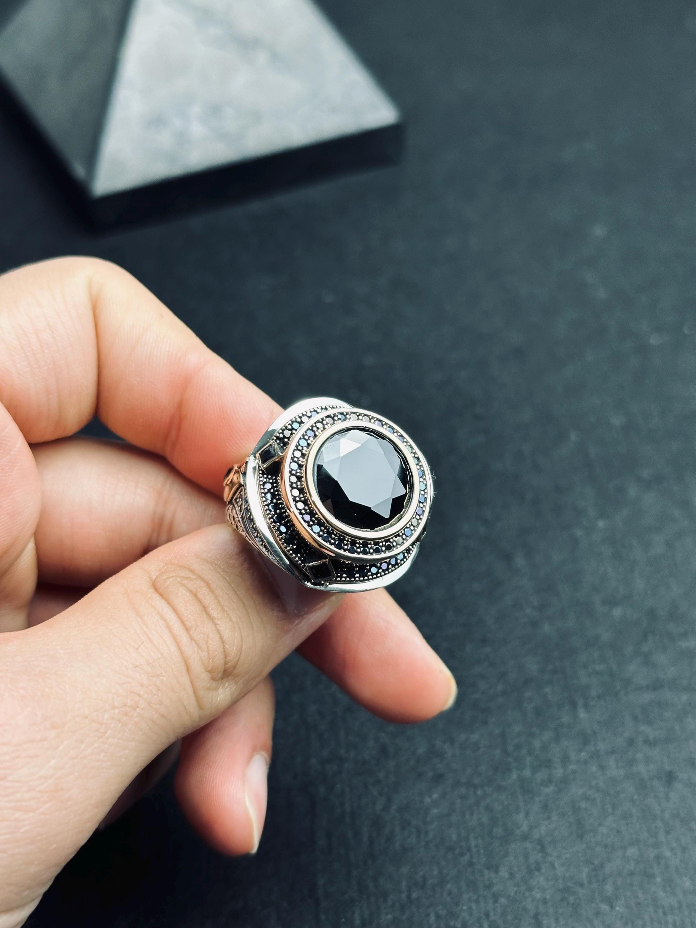 HERRENRING SCHWARZER STEIN SIEGELRING SILBERRING 925 SILBER / 639
