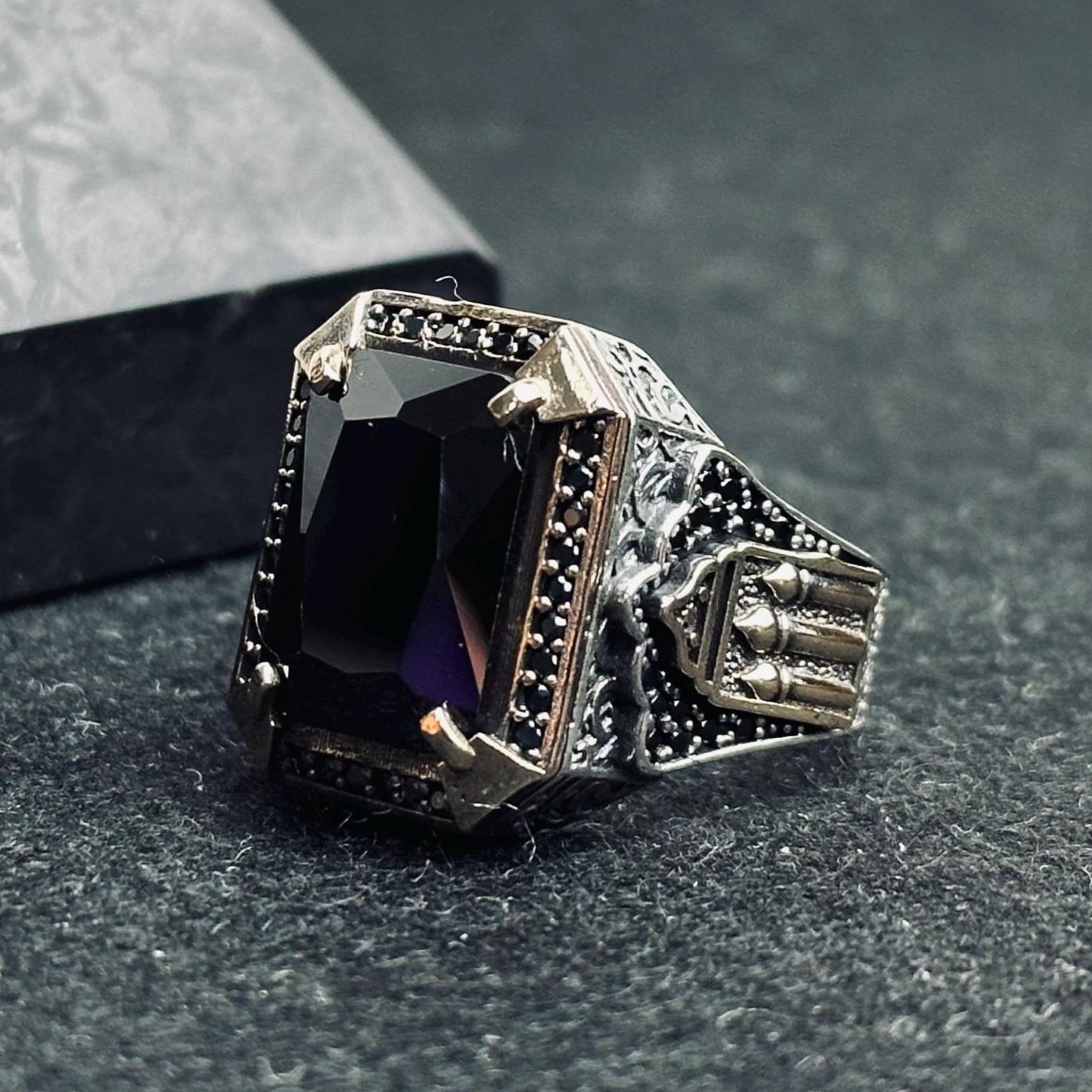 Men's Oxidized Sterling Silver Signet Ring With Black Zircon Flat