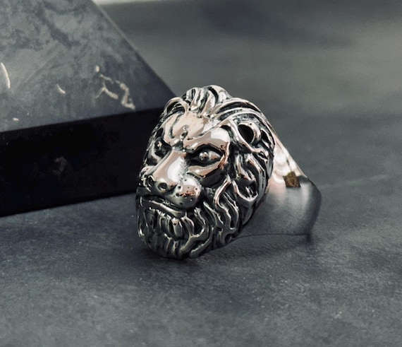 Sterling Silver Lion Head Ring, Handmade Animal Jewelry (men's