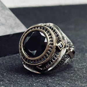 Black Zircon Stone Silver Men&#39;s Ring, Handmade Large Ring, Black Gemstone Ring, Turkish Handmade Ring, Gift for Boyfriend, Anniversary Gift