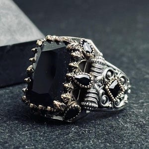 Men’s Statement Ring with Square Black Zircon & Droplet Zircon Halo, 925 Silver Artisan Design – Elegant Gift for Him