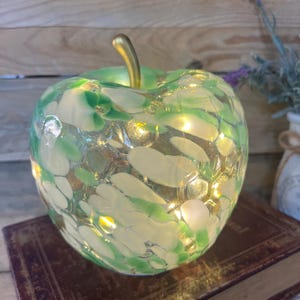 Pode incluir: Uma luminária decorativa em forma de maçã de vidro. A maçã é verde e branca com uma haste dourada. O vidro tem um design salpicado e contém pequenas luzes. A luminária está em um livro marrom.