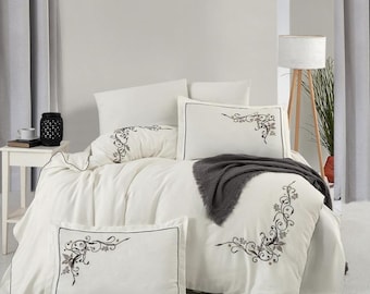 100% Cotton Satin Hand Embroidered Duvet Cover Set 6 Pcs, Luxury Bedding with Sheet & Pillowcases Elegant Handmade Bed Linen Home decor Gift