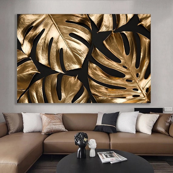 Golden Leaves Canvas Painting Floral Wall Decor Golden Etsy